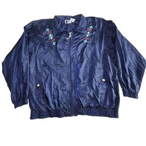 BOLD SPIRIT Vintage 90's Windbreaker Womens XL Navy Blue Floral Embroidered